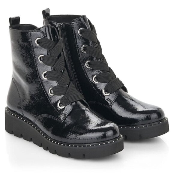 Remonte Shoes - Remonte Black Patent Lace Up Combat Boots - 41